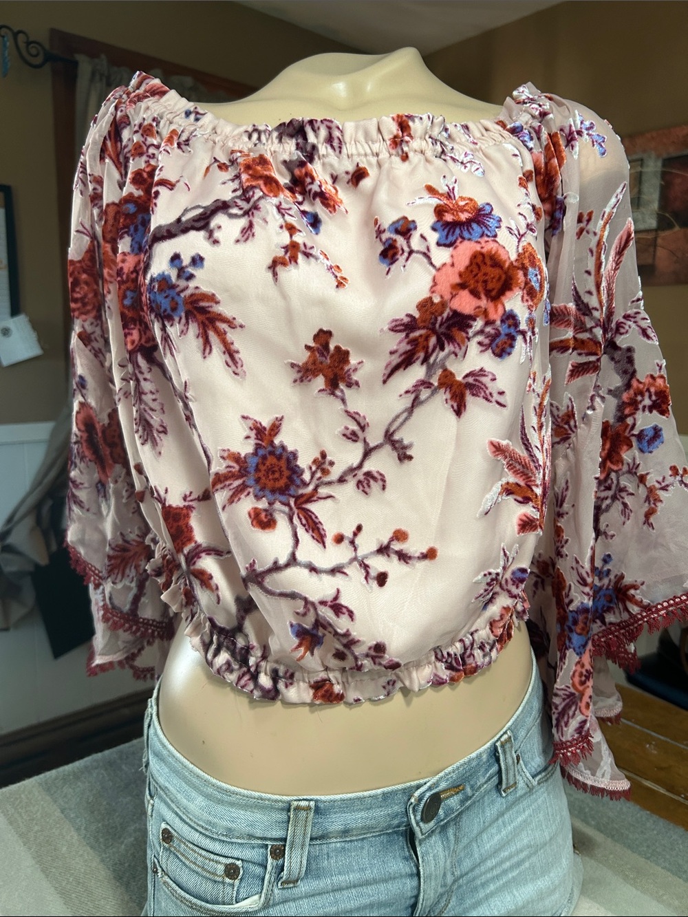 Willow & Clay Light Pink Floral Off-Shoulder Blouse with Bell Sleeves Sheer -